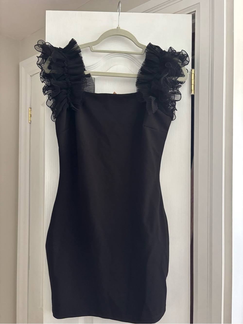 Little Bodycon Mini Black Dress with Delicate Organza Trim